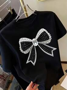 1 pieza de camiseta de manga corta para mujer, diseño con estampado de lazo de lentejuelas en negro brillante y plateado, camiseta de manga corta con cuello redondo para mujer, top casual de moda, 180g 100% algodón. - Negro - Ver 12