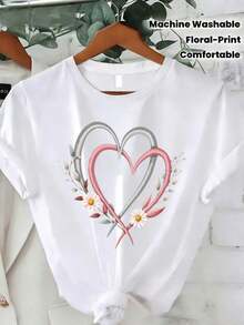 Women's Short-Sleeved T-Shirt, Women's T-Shirt, Floral And Heart Print In Pink | Loose Fit, Round Neck, Slightly Elastic, Retro Style, Suitable For All Seasons, Casual Top, Perfect For Spring, Summer And Autumn, A Wardrobe Essential. - 白色 - 查看 7
