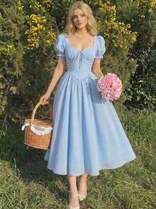 MOD Vestido elegante de longitud media con mangas cortas de pétalos y lazo delantero de unicolor para mujer - Azul - Ver 1