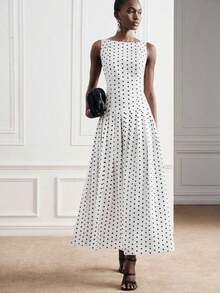 Sleeveless Maxi-Style Long Dress With Split Design And Polka Dot Print, Sleeveless A-Line Midi Dress With White Base And Black Polka Dots, Fitted High-Waisted Design, Minimalist Retro Polka Dot Element, Lightweight And Flowing Fabric, Suitable For Casual Wear, Parties Or Work, Versatile Spring And Summer Dress For Ladies - 黑色 - 查看 3