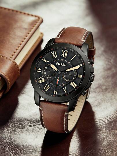 Fossil Men's Oversized Chronograph Watch Matte Black Case Brown Vintage Leather Strap Black Dial Roman Numeral Marker Retro Casual Wristwatch for Music Festival Vintage Market Visit Weekend Gathering Bachelor Party Ideal Gift for Him on Birthday Groomsman Duty Anniversary Fachelor Party Ideal Gift for Him on Birthday Groomsman Duty Anniversary Fathers Day Perfect for Old