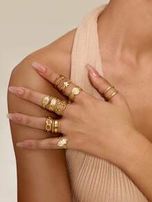 Altistry 10pcs Set Stainless Steel 18K Plating Exaggerated Hip-Hop Fashion Round Adjustable Rings - Gold - View 6