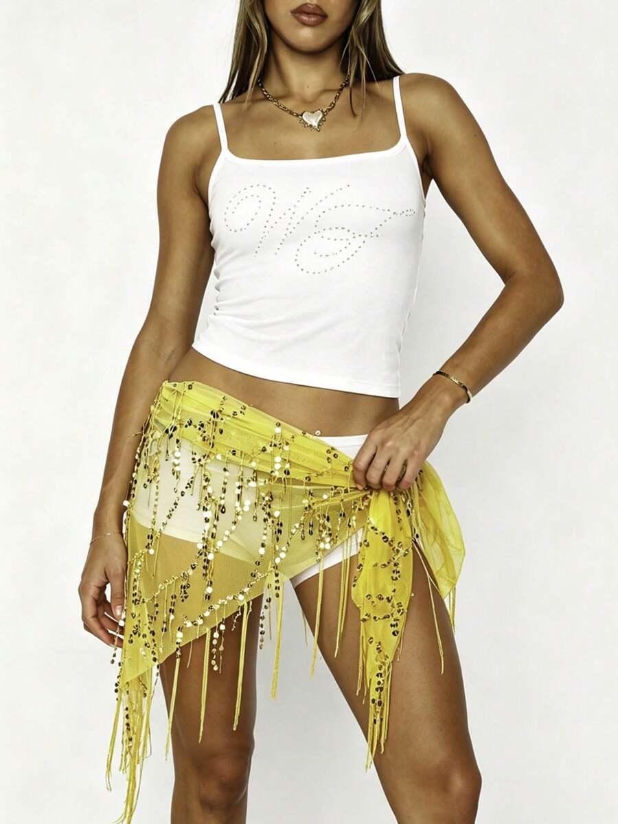 Women Y2K Glam Fringe Belly Wrap, Sequin Embellished Sheer Mesh Asymmetrical Tie Waist Skirt Cover Up For Club Party Night Out - 黃色 - 查看 1