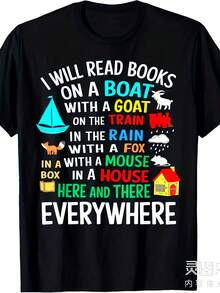I'll Read On The Boat And Everywhere. Reading Gift: Kids' Sweatshirt Or T-Shirt, Unisex, Short-Sleeved Printed T-Shirt For Summer 2025, 220g Pure Cotton, Summer Casual Wear, Printed Design T-Shirt, Vintage Style Shirt, Lightweight Fabric, Breathable Material, Short-Sleeved T-Shirt, Clothing For Book Lovers, Casual Wear, Book Lover. - 黑色 - 查看 8