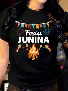 Women's Festa Junina T-Shirt With Fireworks Print, Flags, Stars And Bonfires, Round Neck, Short Sleeve, Casual, Suitable For Daily Outdoor Use, Perfect For All Seasons. - 黑色 - 查看 1