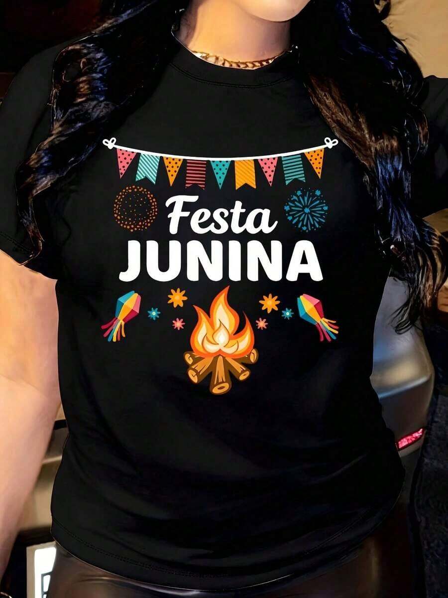 Women's Festa Junina T-Shirt With Fireworks Print, Flags, Stars And Bonfires, Round Neck, Short Sleeve, Casual, Suitable For Daily Outdoor Use, Perfect For All Seasons. - 黑色 - 查看 1