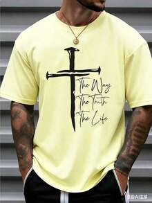 Men's Christian Faith Graphic T-Shirt - Way, Truth, Life Cross Design, 100% Cotton, Breathable Short Sleeve T-Shirt, Suitable For Casual And Outdoor Wear In Spring And Summer, Religious Theme Clothing, Bold Comfortable Style Graphic T-Shirt, Christian T-Shirt - Unisex Plus Size Top - 黃色 - 查看 4