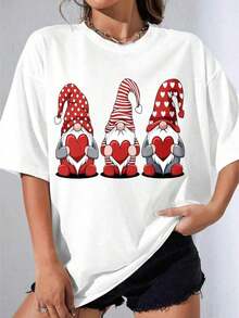 Camiseta Negra y Blanca para Mujer, Camiseta con Lindos Gnomos, Tres Gnomos con Corazones y Gorros Rojos, Regalo de San Valentín para Parejas, para Fiestas al Aire Libre, Camiseta Casual Estampada 220g, playeras de mujer - Negro - Ver 2