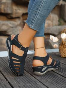Cutout Detail Wedge Closed Toe Sandals, Women's Casual Summer Outdoor Footwear - 黑色 - 查看 7