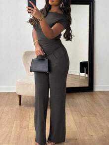 New Women's Summer Outfit, Minimalist And Elegant Style, Short Sleeves, Long Pants, Flattering Design, Cool, Versatile, Perfect For Office, Daytime Looks, Walks And Everyday Wear - 深灰色 - 查看 1