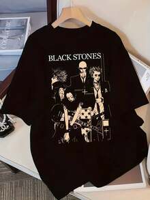 Camiseta estilo  con estampado gráfico de anime y piedra negra - Ajuste holgado, manga corta, cuello redondo, top elástico para mujeres - Ropa casual de verano, top casual de verano, camiseta gráfica de moda Y2K, camiseta de anime - Blanco - Ver 6