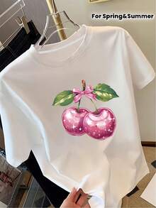 Women's T-Shirt With A Cherry Print And Bow Design, Featuring A Round Neck And Short Sleeves, Perfect For Spring And Summer. A Fun And Chic Top Ideal For Valentine's Day And Other Festive Occasions. - 白色 - 查看 1
