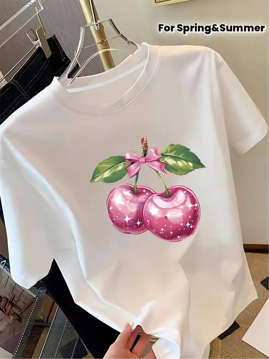 Women's T-Shirt With A Cherry Print And Bow Design, Featuring A Round Neck And Short Sleeves, Perfect For Spring And Summer. A Fun And Chic Top Ideal For Valentine's Day And Other Festive Occasions. - 白色 - 查看 1