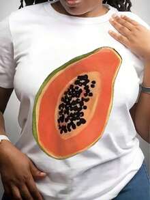 1 Piece Of Women's Papaya Fruit Print T-Shirt, Summer Casual Wear, Fun Food Print T-Shirt, Is A Perfect T-Shirt To Give To Friends And Family On Any Holiday Or Special Occasion, 180g 100% Cotton. - 白色 - 查看 1