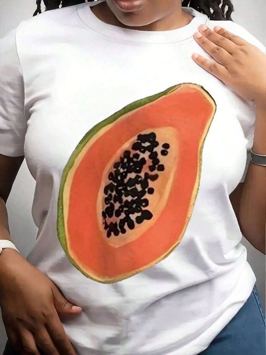 1 Piece Of Women's Papaya Fruit Print T-Shirt, Summer Casual Wear, Fun Food Print T-Shirt, Is A Perfect T-Shirt To Give To Friends And Family On Any Holiday Or Special Occasion, 180g 100% Cotton. - 白色 - 查看 1