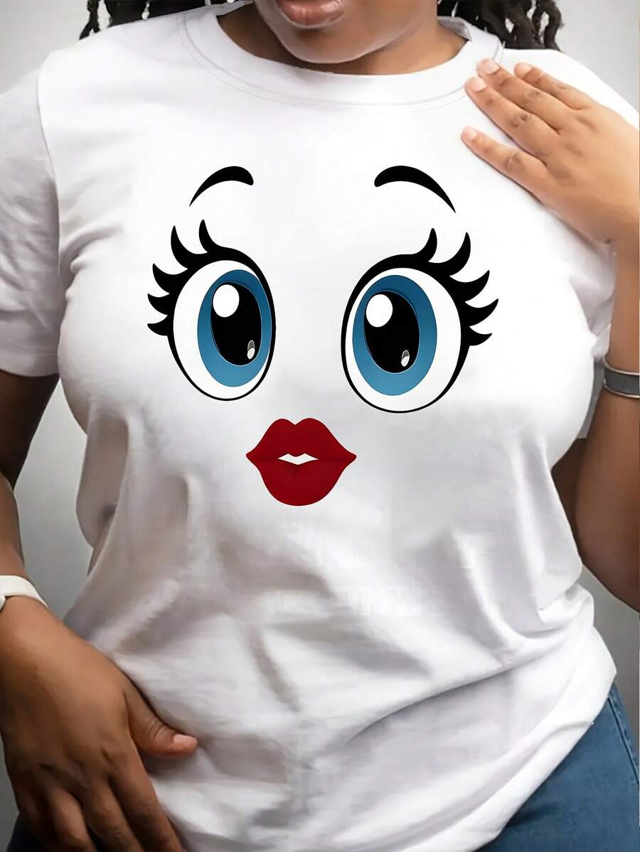 Camiseta Estampada para Mujer con Diseño Audaz - Camiseta Casual de Manga Corta y Cuello Redondo, Corte Relajado para Todas las Estaciones, Perfecta para Uso Diario y Atuendos de Vacaciones, Presentando a una Mujer Curvilínea (Lavable aáquina). - Blanco - Ver 1