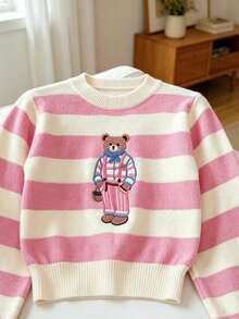 Women's Casual Minimalist Striped Teddy Bear Pattern Cropped Knit Top, Long Sleeve Round Neck Ribbed Contrast Color Cute Pullover Sweater Pink Fall - Pink - View 8
