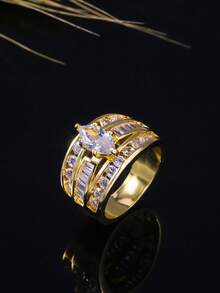 Ensemble de bagues de luxe pour femmes en or, bague de déclaration avec zircone cubique taille marquise, bagues de mariage et de fiançailles à plusieurs rangs, bijoux de mariée en cadeau - Doré - Voir 21