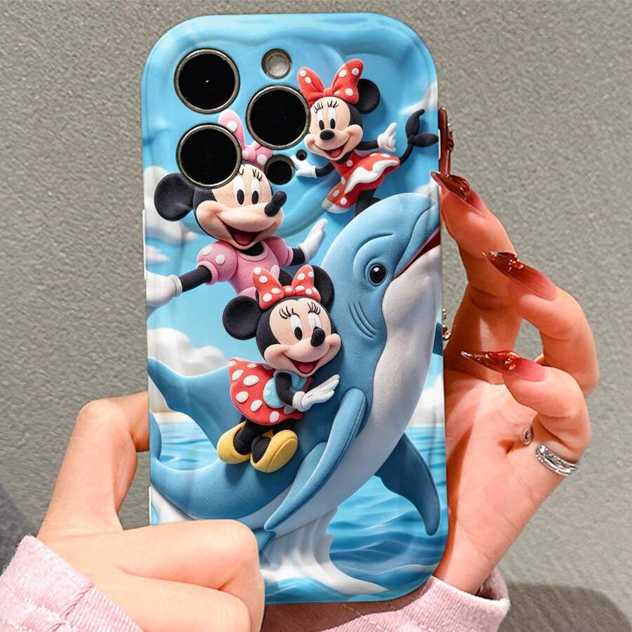 Officially Licensed Disney Minnie Mouse Phone Case, This Protective Phone Case Features A Lively Print Of Three Cheerful Minnie Mouse Figures With Classic Polka‑Dot Bows And Dresses, Riding Alongside A Gentle Blue Dolphin Over Bright Ocean Waves Under A Clear Sky Dotted With Soft Cloud Details, Made With Flexible, Durable TPU Material To Protect Against Everyday Scratches, Bumps, And Minor Impacts, With A Raised Camera Frame For Extra Lens Protection, Slim And Lightweight Construction That Adds Minimal Bulk And Fits Easily In Pockets And Bags, Compatible With IPhone 17, 16, 15, 14, 13, 12, 11 Pro Models, Making It A Delightful Choice For Minnie Fans And Disney Lovers, Ideal For Birthdays, Holidays, Or Any Special Occasion To Surprise Family And Friends. - White - View 1