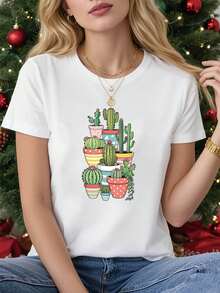 Camiseta Casual de Verano para Mujer con Estampado de Cactus y Suculentas, Manga Corta, Cuello Redondo, Top Casual de Primavera/Verano, Ropa de Mujer - Blanco - Ver 7