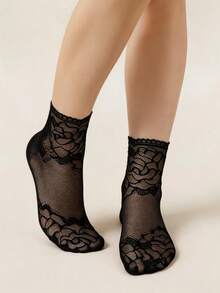1 Pair Women's Black Rose Lace Short Socks, Transparent Mesh, High Elasticity, Sweet Style, Daily Casual Wear - Multicolor - View 1