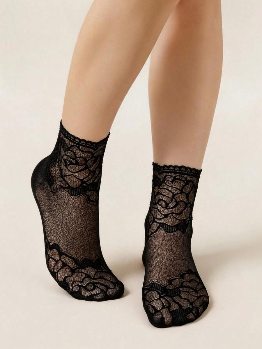 1 Pair Women's Black Rose Lace Short Socks, Transparent Mesh, High Elasticity, Sweet Style, Daily Casual Wear - Multicolor - View 1