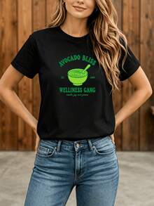 Camiseta Deportiva Casual para  con Gráfico de Caldero de Caricatura en Texto Verde - Camiseta Elástica de Cuello Redondo, Lavable aáquina, Ajuste Cómodo y Perfecta para Todas las Estaciones, Moda Femenina Divertida. - Negro - Ver 1