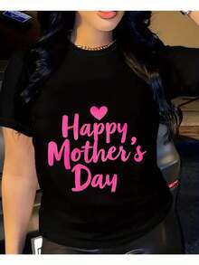 Camiseta Deportiva Casual para Mujer --Shirt Negra Elástica de Cuello Redondo con Diseño en Cursiva Rosa para el Día de la Madre, Lavable aáquina, Confortable y Apta para Todas las Estaciones, para un Look Casual y Especial. - Negro - Ver 1
