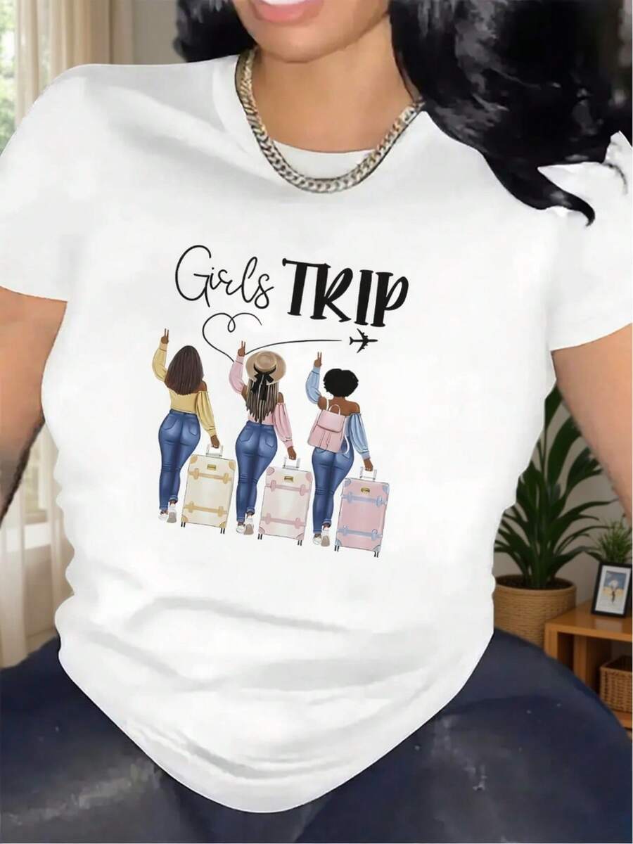 1 Women's Short Sleeve Travel T-Shirt, Lightweight And Durable, With Round Neck And Print, Comfortable Medium Elasticity Fabric, Stylish Printed Design, Perfect For Travel, Outdoor Activities, Parties And Gatherings, Suitable For Daily Wear In All Seasons, 180g 100% Cotton. - 白色 - 查看 1