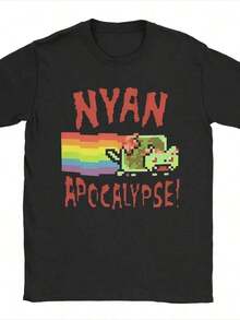 1 camiseta casual 100% algodón para mujer, deportiva, adecuada para usar en primavera, verano, otoño e invierno. Camisetas para parejas. Nuevo modelo 2026 con estampado de gato pixelado con arcoíris y texto "nyan apocalypse". Camiseta casual versátil estampada. - Negro - Ver 7