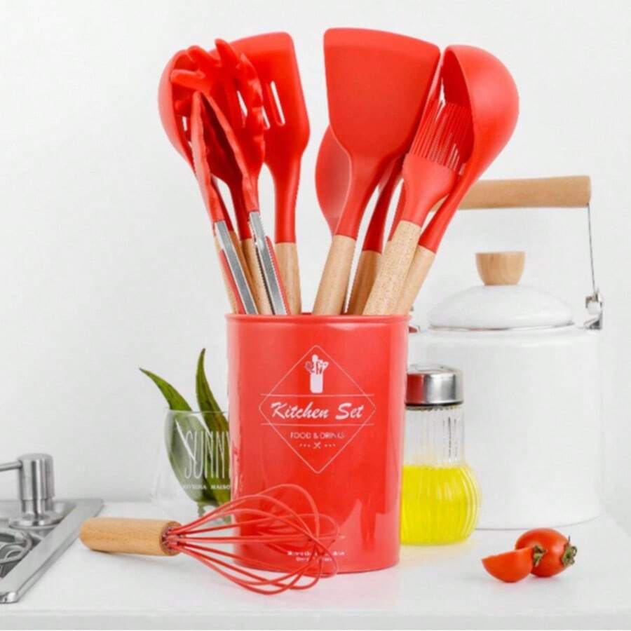 Wooden Handle Silicone Kitchen Utensils 12-Piece Set: Non-Stick Pan Spatula And Spoon, Complete Household Kitchen And Baking Tool Set With Storage Bucket. The Set Includes A Spatula, Ladle, Slotted Spoon, Scraper, Oil Brush, Whisk, Food Tongs, And Other Practical Tools. Comes With A Matching Storage Bucket, Making It Suitable For All Cooking Scenarios Including Frying, Stir-Frying, Braising, Deep-Frying, And Baking. - Red - View 1