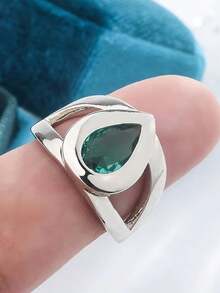 1pc Exquisite Hollow Water Drop Pear-Shaped Paraiba Green Synthetic Zirconia Couple Ring, Geometric Banquet Gift Jewelry For Women - White and Green - View 6