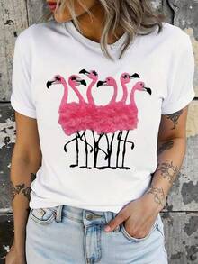 Camiseta Deportiva Casual para Mujer con Ilustración de Flamenco de Dibujos Animados - Camiseta Blanca Elástica de Cuello Redondo, Lavable aáquina, Ajuste Cómodo, para Todas las Estaciones, Diseño Colorido y Divertido. - Blanco - Ver 1