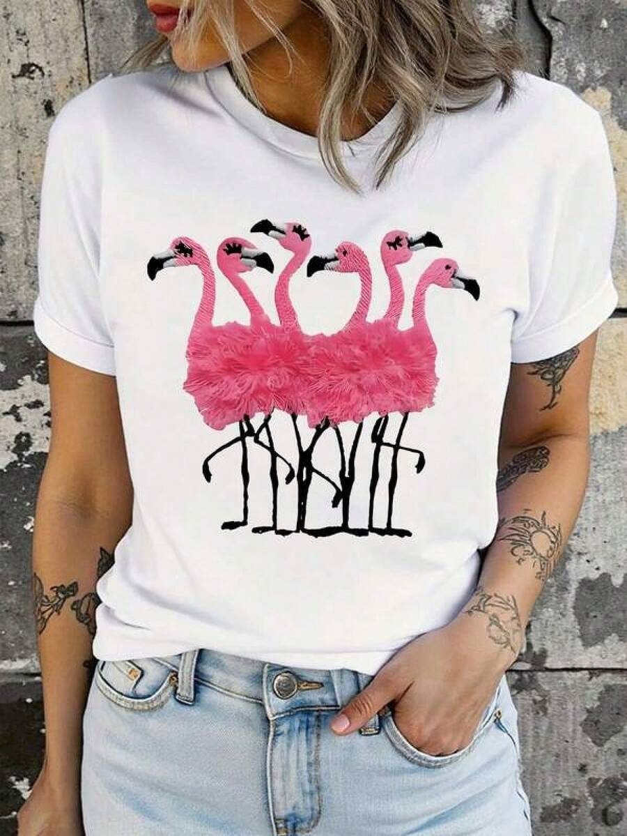 Camiseta Deportiva Casual para Mujer con Ilustración de Flamenco de Dibujos Animados - Camiseta Blanca Elástica de Cuello Redondo, Lavable aáquina, Ajuste Cómodo, para Todas las Estaciones, Diseño Colorido y Divertido. - Blanco - Ver 1