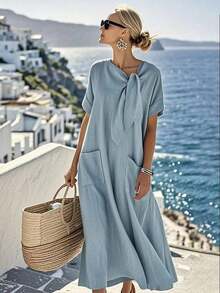 Holidaya Vestido casual y suelto de manga corta y longitud media para mujer, adecuado para ocasiones como vacaciones, playa, picnic, camping, actividades al aire libre y uso diario - Azul - Ver 1