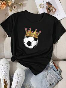 Women's T-Shirt, 1 Piece, For Spring/Summer - "Ball" Print -  - Breathable - Soft To The Touch - Slightly Stretchy - Short-Sleeved Crew Neck - Casual And Comfortable - Stylish Party Wear For Women, Summer And Autumn, Perfect As A Holiday Gift. Women's T-Shirts. - 黑色 - 查看 1