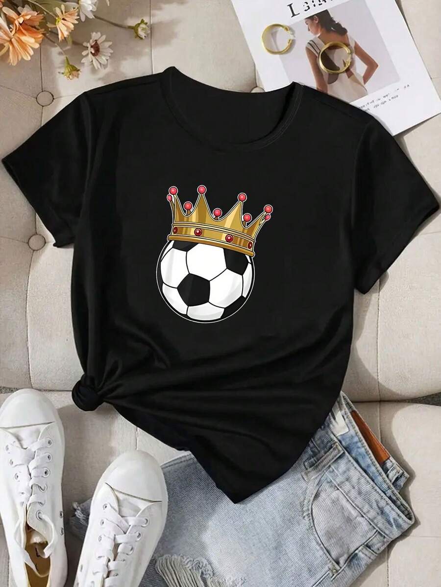 Women's T-Shirt, 1 Piece, For Spring/Summer - "Ball" Print - - Breathable - Soft To The Touch - Slightly Stretchy - Short-Sleeved Crew Neck - Casual And Comfortable - Stylish Party Wear For Women, Summer And Autumn, Perfect As A Holiday Gift. Women's T-Shirts. - 黑色 - 查看 1
