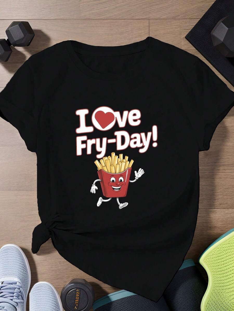 LigeroFriday I LOVE Fry Day Camiseta Deportiva de Manga Corta para Mujer Talla Grande Verano - Negro - Ver 1
