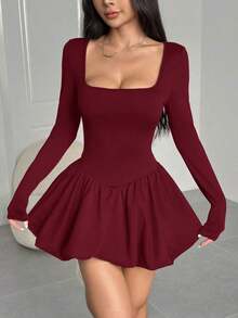 Vestido mini de unicolor con cuello cuadrado y mangas abombadas elegante para mujer, otoño - Burdeos - Ver 4