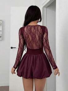 Vestido mini de unicolor con cuello cuadrado y mangas abombadas elegante para mujer, otoño - Burdeos 2 - Ver 2