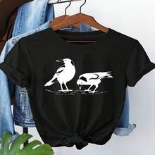 Plus Size Women's T-Shirt With Graphic Crow Silhouette Print, Short Sleeves And Round Neck, Casual Top For Summer And Spring, Women's Clothing S-XXXL - 黑色 - 查看 1