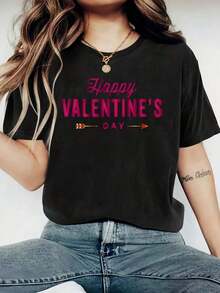 1 Pack Of Women's 200gsm Round Neck T-Shirts With Happy Valentine's Day Print - Casual Knit Round Neck Polyester Fabric - Lightweight And Breathable For Everyday Wear. These Round Neck Printed Short Sleeve Casual Everyday T-Shirts Are Excellent Gifts For Friends And Family. Made Of 100% Cotton, They Feature A Youthful And Fashionable Design. - 黑色 - 查看 1