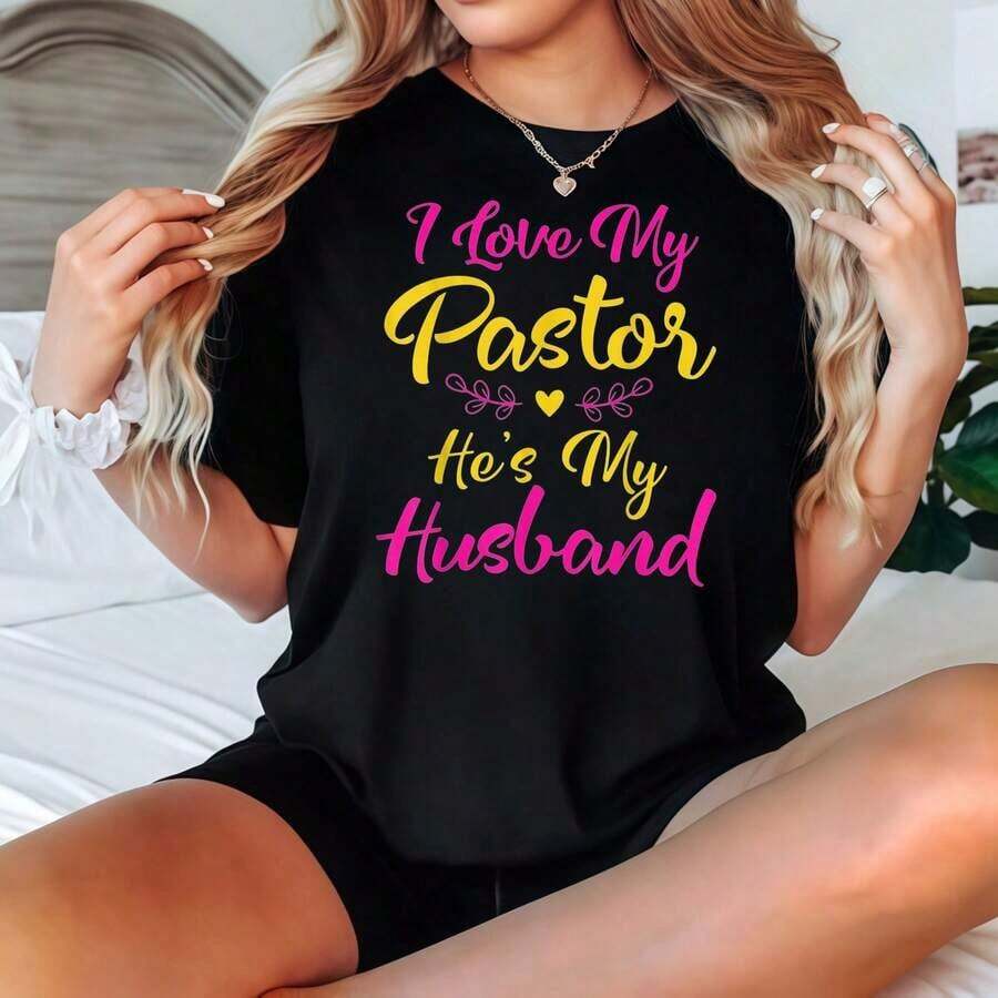 2026 Camiseta Negra de Manga Corta con Estampado 'I Love My Pastor He's My Husband', Ropa Casual, Blusas para Mujer Casual - Negro - Ver 1