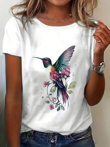 Nueva camiseta de verano de estilo moderno con estampado floral y de pájaros, camiseta casual de estilo coreano de ajuste regular con cuello redondo y manga corta - Blanco - Ver 2