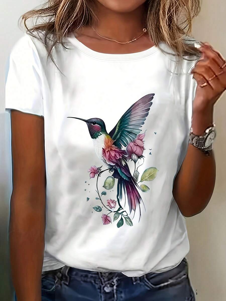Nueva camiseta de verano de estilo moderno con estampado floral y de pájaros, camiseta casual de estilo coreano de ajuste regular con cuello redondo y manga corta
