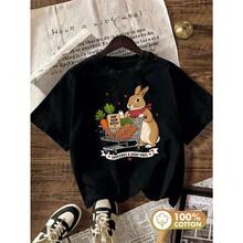 Women's Oversized Graphic Tee, Cute And Fun Print Of A Rabbit Shopping At The Supermarket, Breathable Summer Casual Wear For Everyday Use, Soft And Comfortable Streetwear Tee, S-XXL Black White - [] - 查看 7