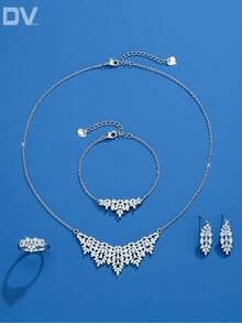DV JEWELRY 5件套奢华锆石镀白金项链、手链、耳环、开口戒指首饰套装，优雅珠宝礼品，适合女性、派对、周年纪念日佩戴 - 銀色 - 查看 2