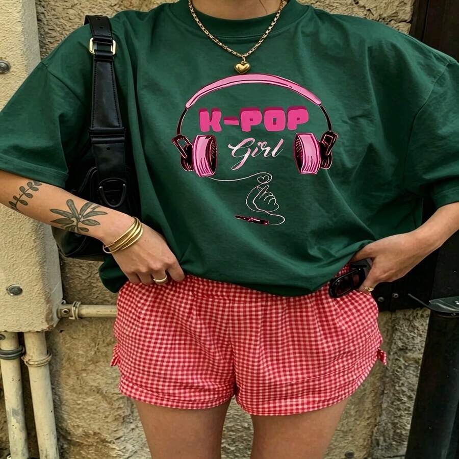 Cute K Pop Girl Graphic T-Shirt 100% Cotton Oversized Soft Breathable Casual Crewneck Short Sleeve Top Daily Casual Street Style Aesthetic Daily  Basic Casual Wearers Fashion Lovers Daily Outfit Enthusiasts Gift Givers - 綠色 - 查看 1
