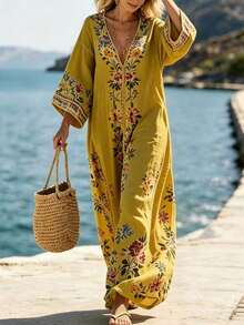 Holidaya Vestido largo y suelto con estampado floral, vestido casual de playa, vestido largo con estampado floral como cubierta, adecuado para vacaciones, viajes, playa, ocio al aire libre, vida diaria, compras, reuniones con amigos, viajes al sudeste asiático/islas, eventos temáticos, fiestas de verano al aire libre, picnics, atuendo ligero para vacaciones - Amarillo - Ver 4