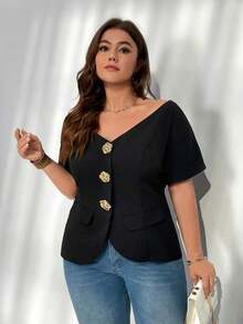 delgada de estilo elegante con botones metálicos, hombros descubiertos y ajuste ceñido, ideal para uso diario, oficina, graduación, regreso a clases y atuendos de maestras en primavera/verano y otoño/invierno para mujeres de talla grande - Negro - Ver 7
